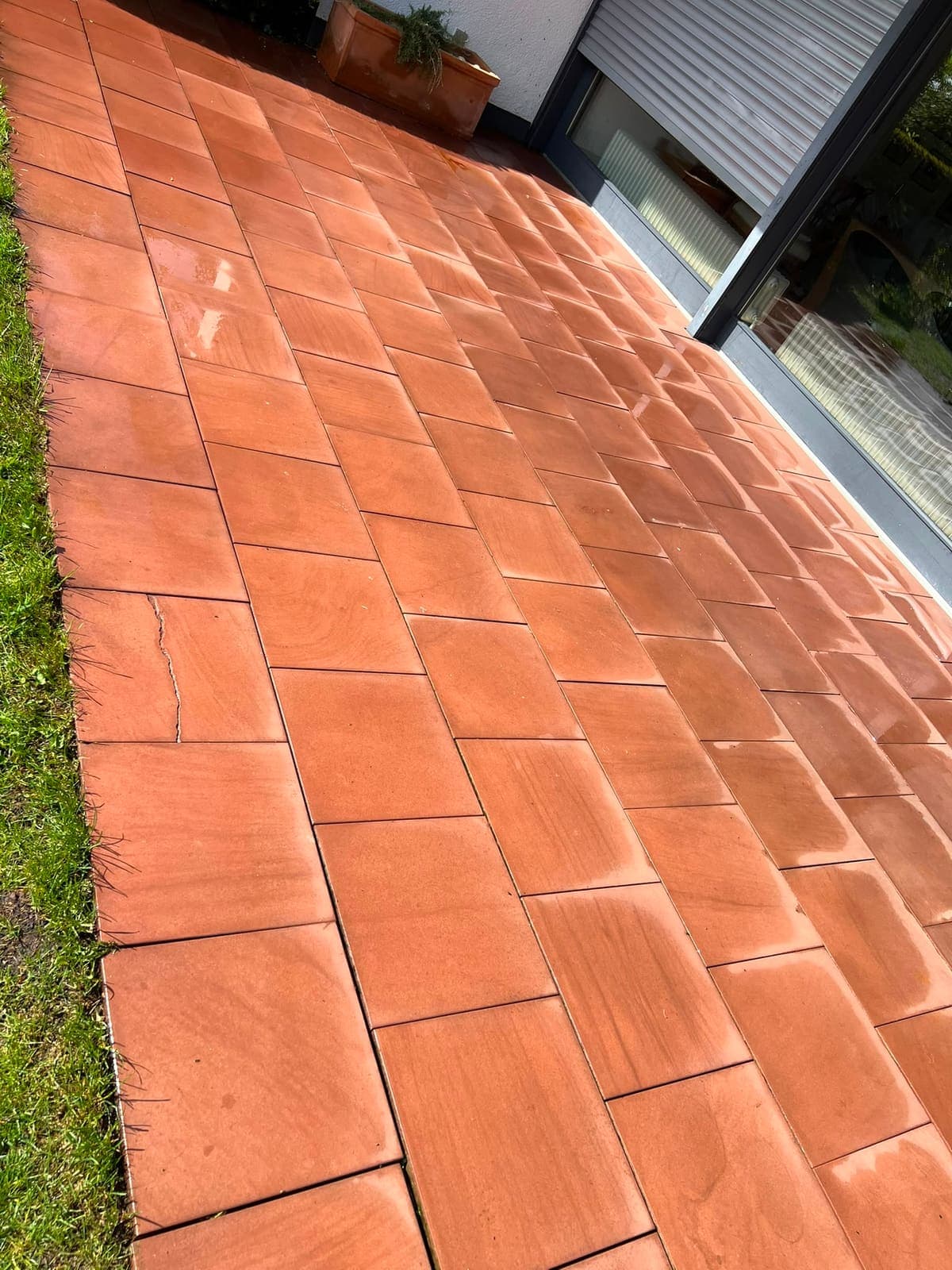 Terrassenreinigung in Marburg – Sandsteinplatten vorher stark veralgt, nachher gereinigt